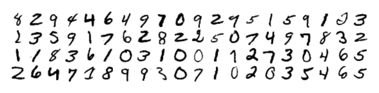 A grid of handwritten digits from the MNIST dataset, four rows of about twenty digits each, ranging from 0 to 9, drawn in various human handwriting styles.